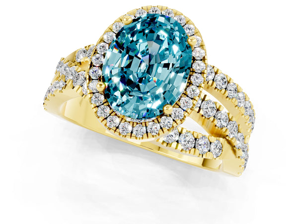 Yellow gold Oval Cut Blue Topaz Halo Ring with Round Split Shank and Prong Setting