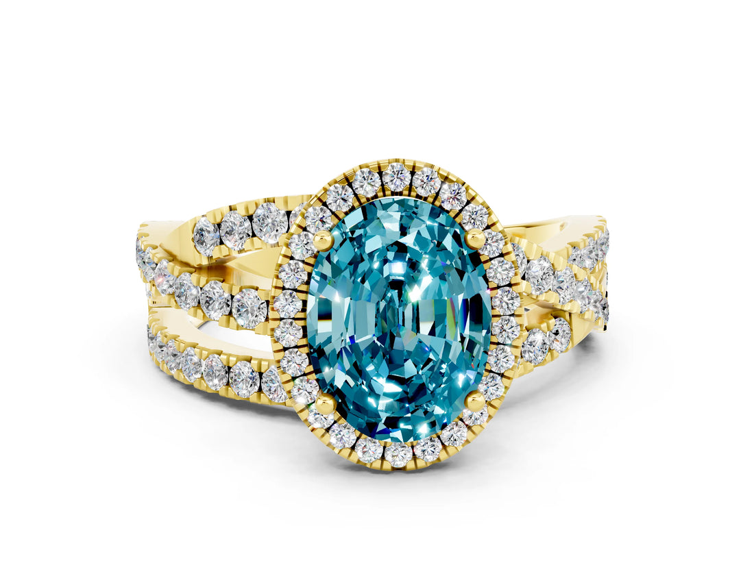 Yellow gold Oval Cut Blue Topaz Halo Ring with Round Split Shank and Prong Setting_48
