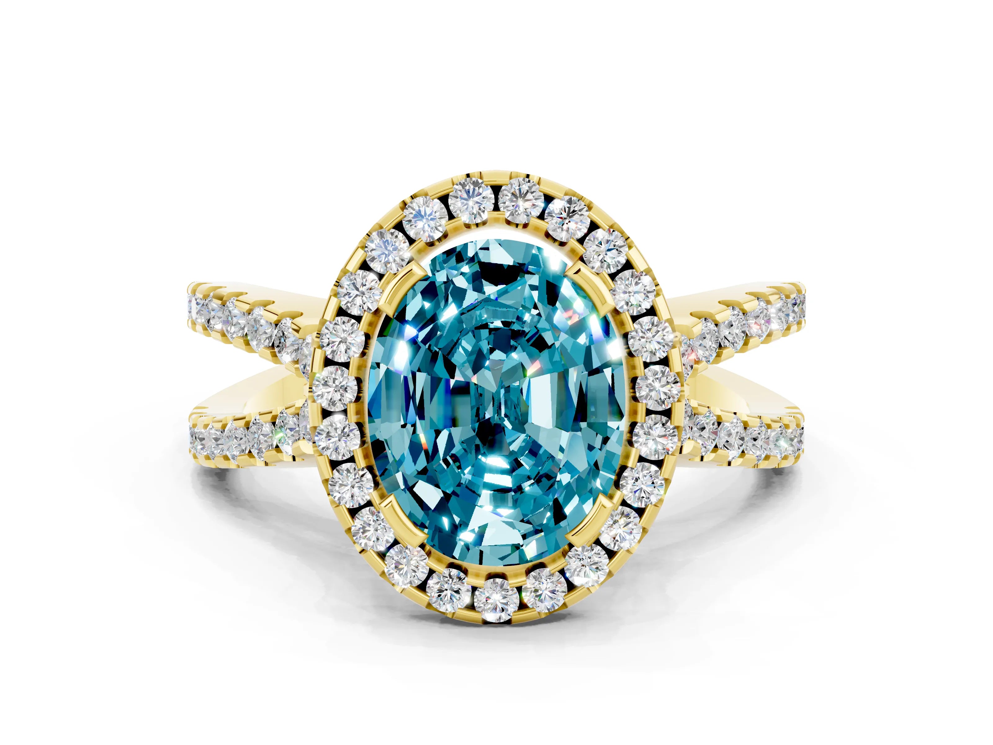 Yellow gold Oval Cut Blue Topaz Halo Ring with Split Shank Pavé Band and Prong Setting