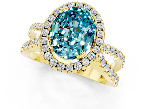 Yellow gold Oval Cut Blue Topaz Halo Ring with Split Shank Pavé Band and Prong Setting_1