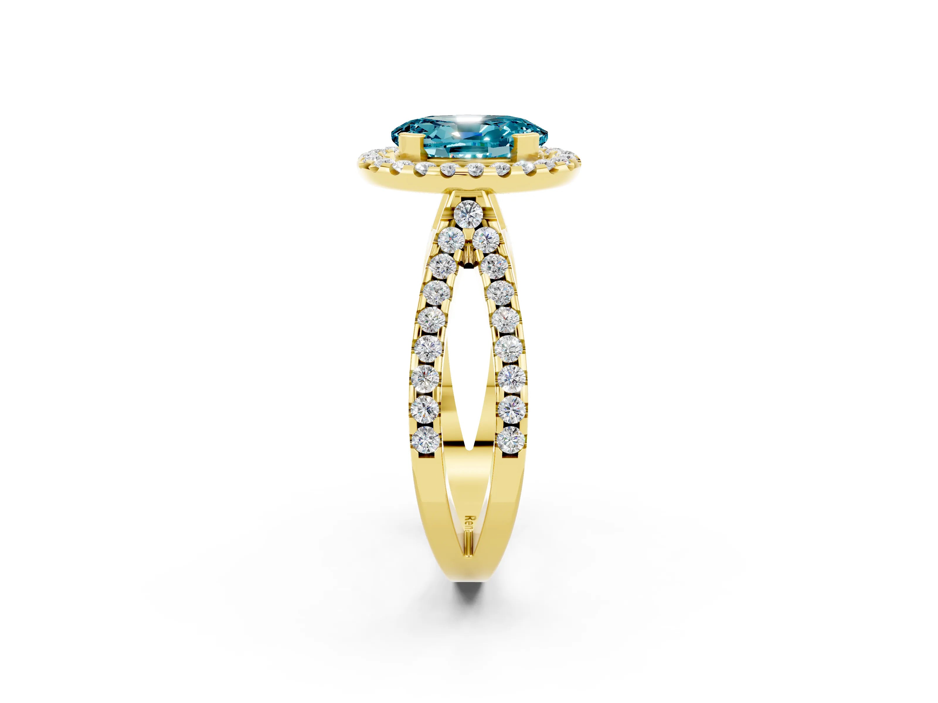 Yellow gold Oval Cut Blue Topaz Halo Ring with Split Shank Pavé Band and Prong Setting_2