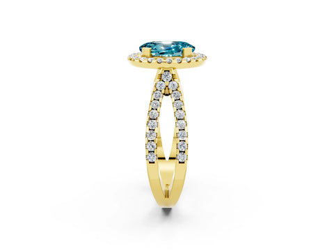 Yellow gold Oval Cut Blue Topaz Halo Ring with Split Shank Pavé Band and Prong Setting_2