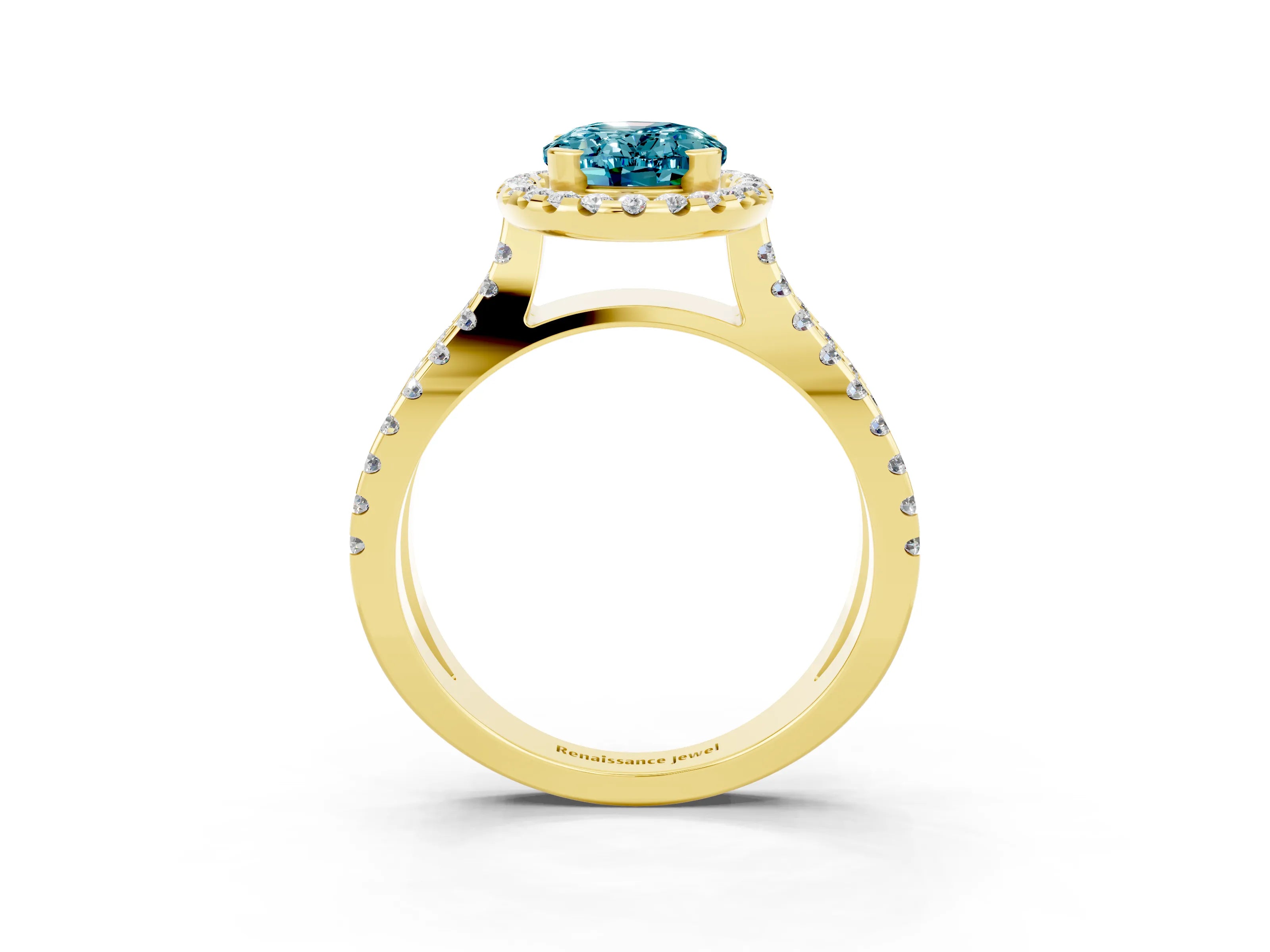 Yellow gold Oval Cut Blue Topaz Halo Ring with Split Shank Pavé Band and Prong Setting_3