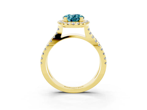 Yellow gold Oval Cut Blue Topaz Halo Ring with Split Shank Pavé Band and Prong Setting_3