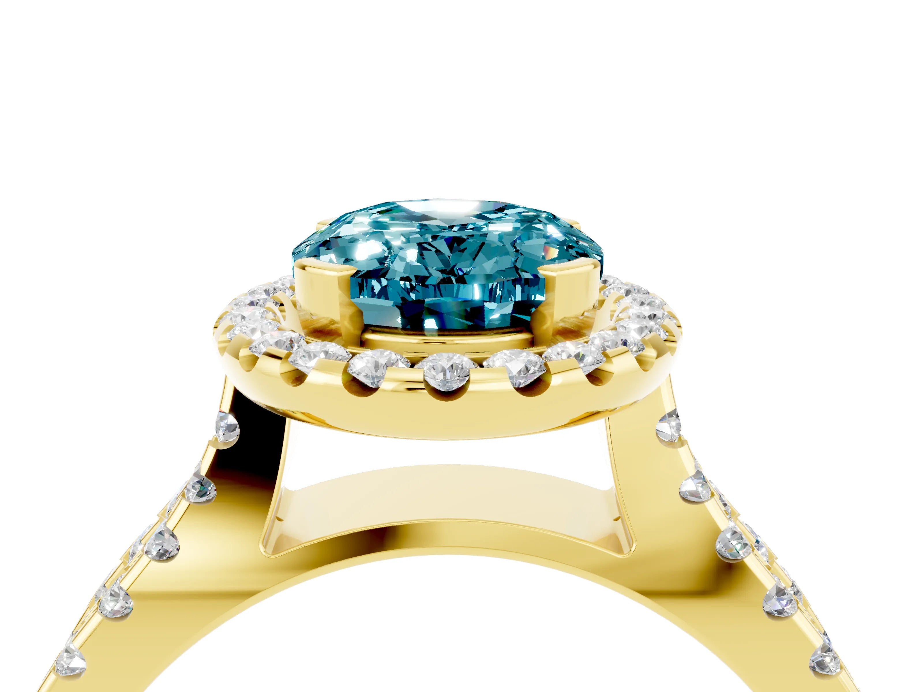 Yellow gold Oval Cut Blue Topaz Halo Ring with Split Shank Pavé Band and Prong Setting_4