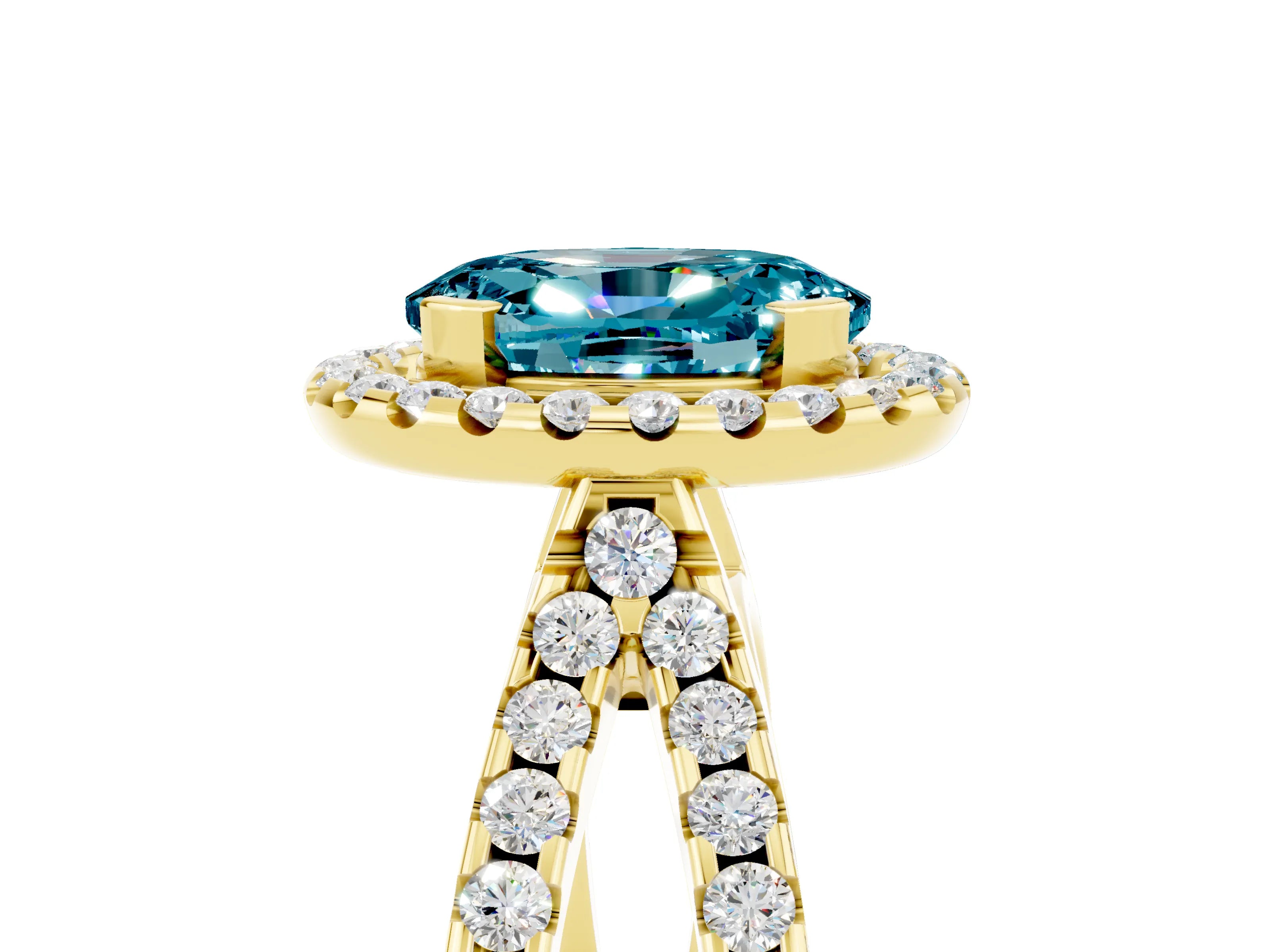 Yellow gold Oval Cut Blue Topaz Halo Ring with Split Shank Pavé Band and Prong Setting_5