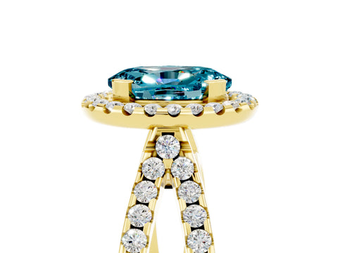 Yellow gold Oval Cut Blue Topaz Halo Ring with Split Shank Pavé Band and Prong Setting_5