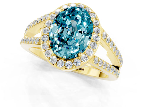 Yellow gold Oval Cut Blue Topaz Halo Ring with Split Shank U-Prong Band and Four-Prong Setting_1