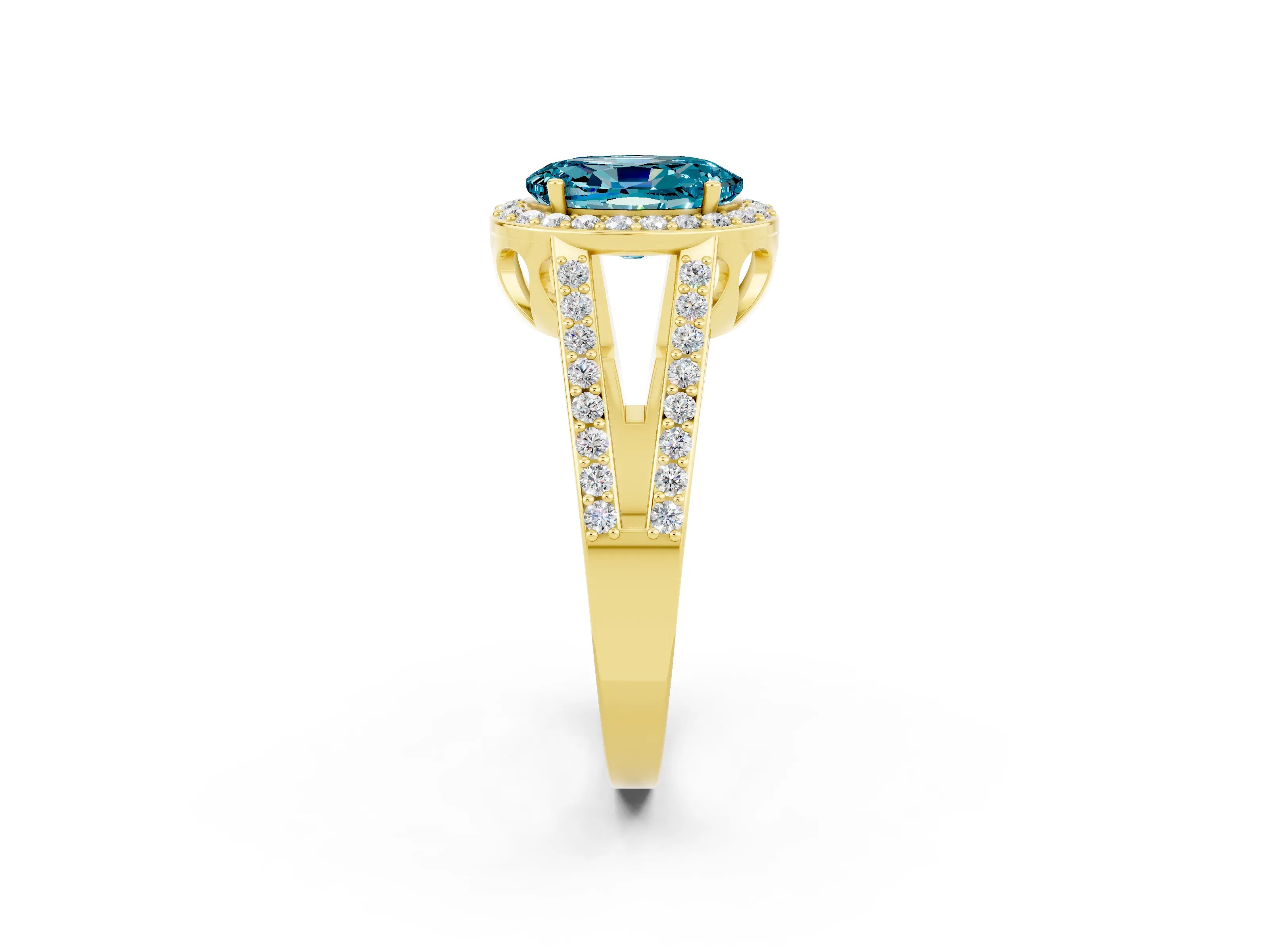 Yellow gold Oval Cut Blue Topaz Halo Ring with Split Shank U-Prong Band and Four-Prong Setting_2
