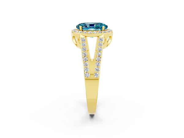 Yellow gold Oval Cut Blue Topaz Halo Ring with Split Shank U-Prong Band and Four-Prong Setting