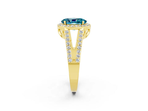 Yellow gold Oval Cut Blue Topaz Halo Ring with Split Shank U-Prong Band and Four-Prong Setting_2