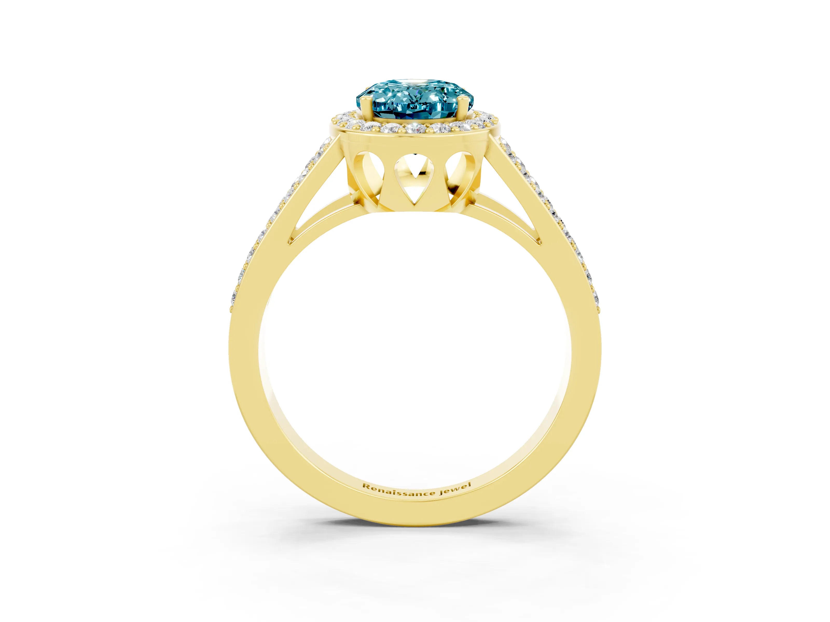 Yellow gold Oval Cut Blue Topaz Halo Ring with Split Shank U-Prong Band and Four-Prong Setting_3