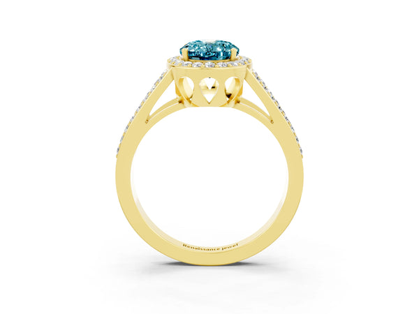 Yellow gold Oval Cut Blue Topaz Halo Ring with Split Shank U-Prong Band and Four-Prong Setting