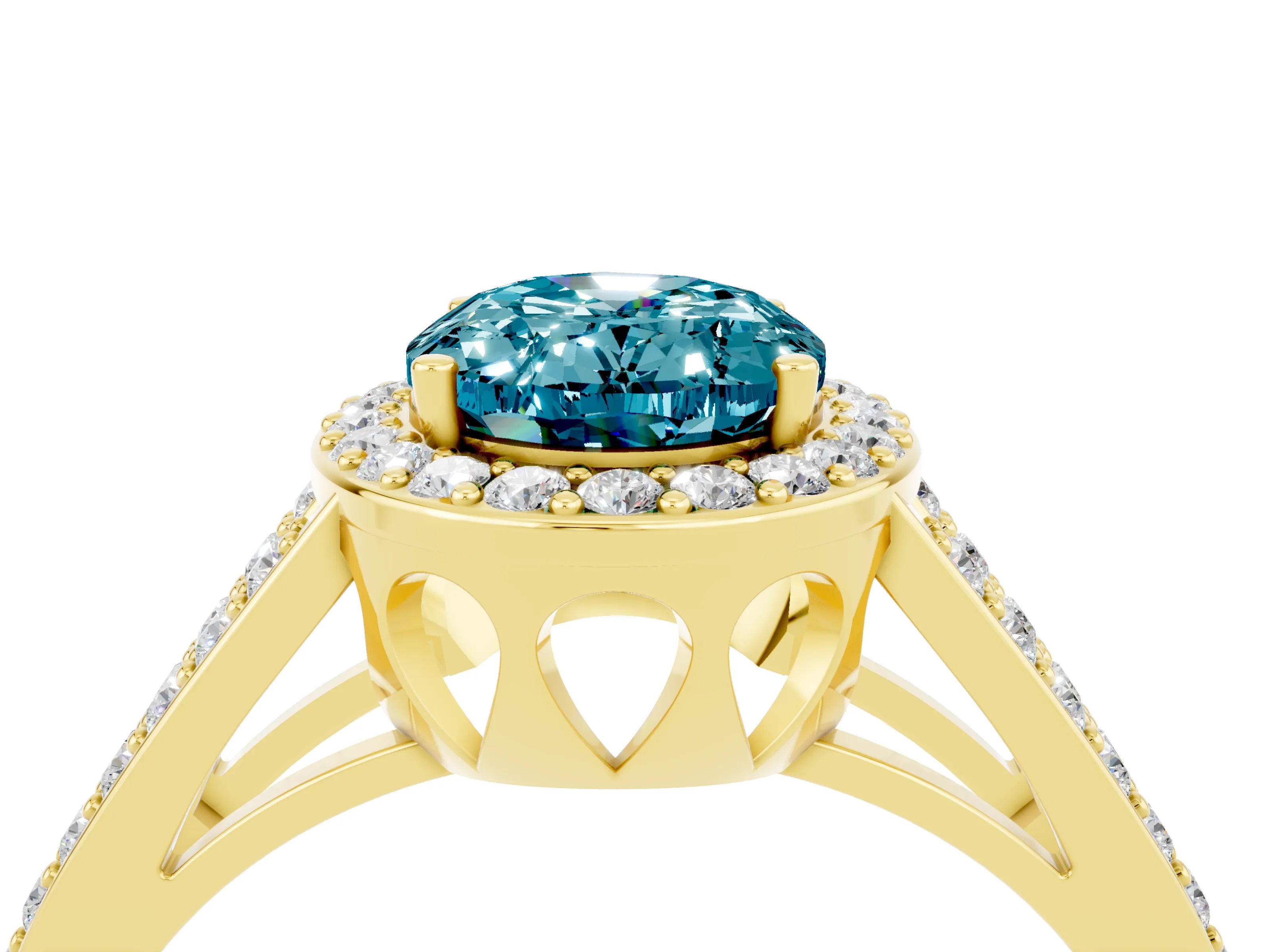 Yellow gold Oval Cut Blue Topaz Halo Ring with Split Shank U-Prong Band and Four-Prong Setting_4