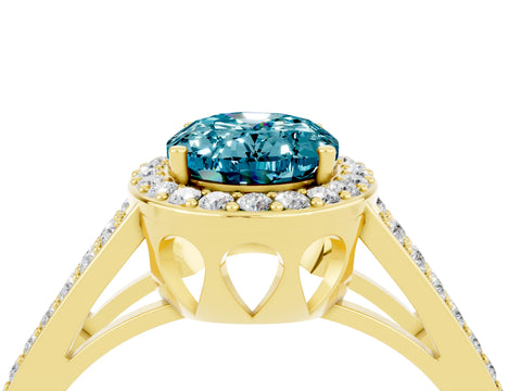 Yellow gold Oval Cut Blue Topaz Halo Ring with Split Shank U-Prong Band and Four-Prong Setting_4