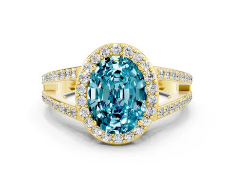 Yellow gold Oval Cut Blue Topaz Halo Ring with Split Shank U-Prong Band and Four-Prong Setting