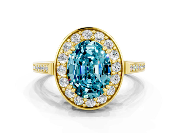 Yellow gold Oval Cut Blue Topaz Halo Ring with Split Shank and Four-Prong Setting