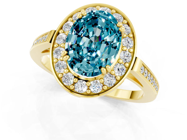 Yellow gold Oval Cut Blue Topaz Halo Ring with Split Shank and Four-Prong Setting