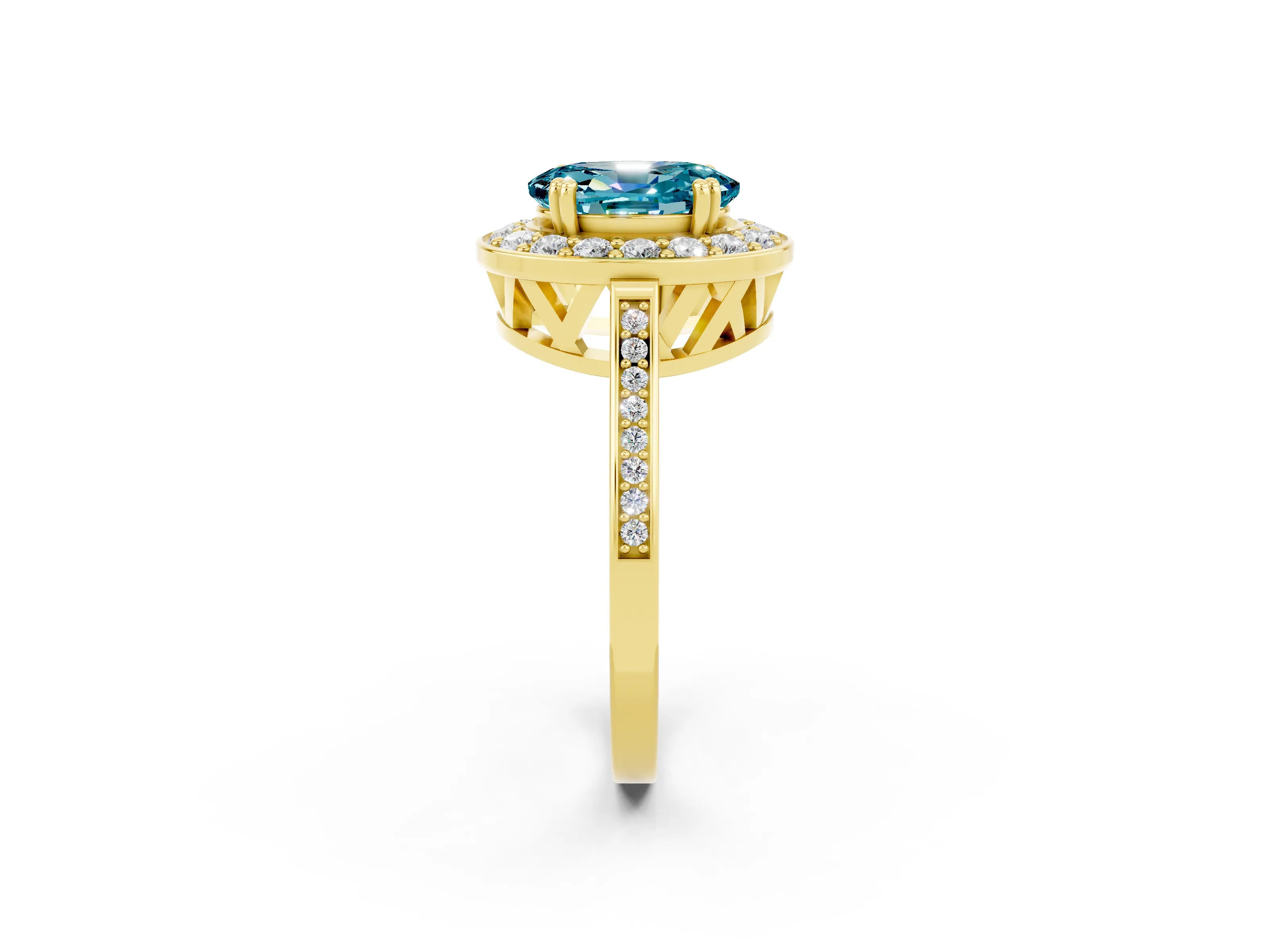 Yellow gold Oval Cut Blue Topaz Halo Ring with Split Shank and Four-Prong Setting_2