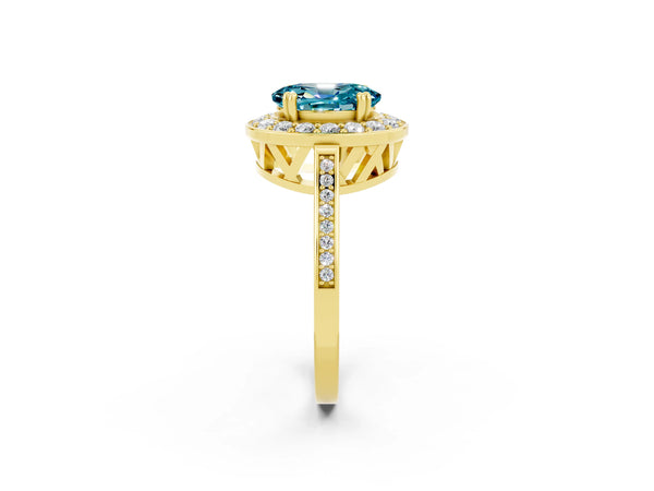 Yellow gold Oval Cut Blue Topaz Halo Ring with Split Shank and Four-Prong Setting