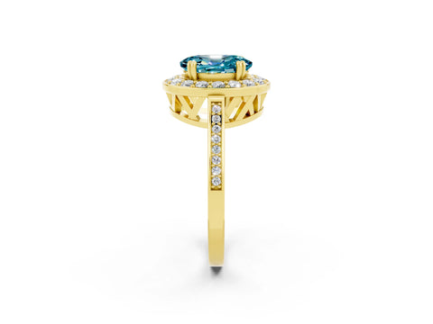 Yellow gold Oval Cut Blue Topaz Halo Ring with Split Shank and Four-Prong Setting_2