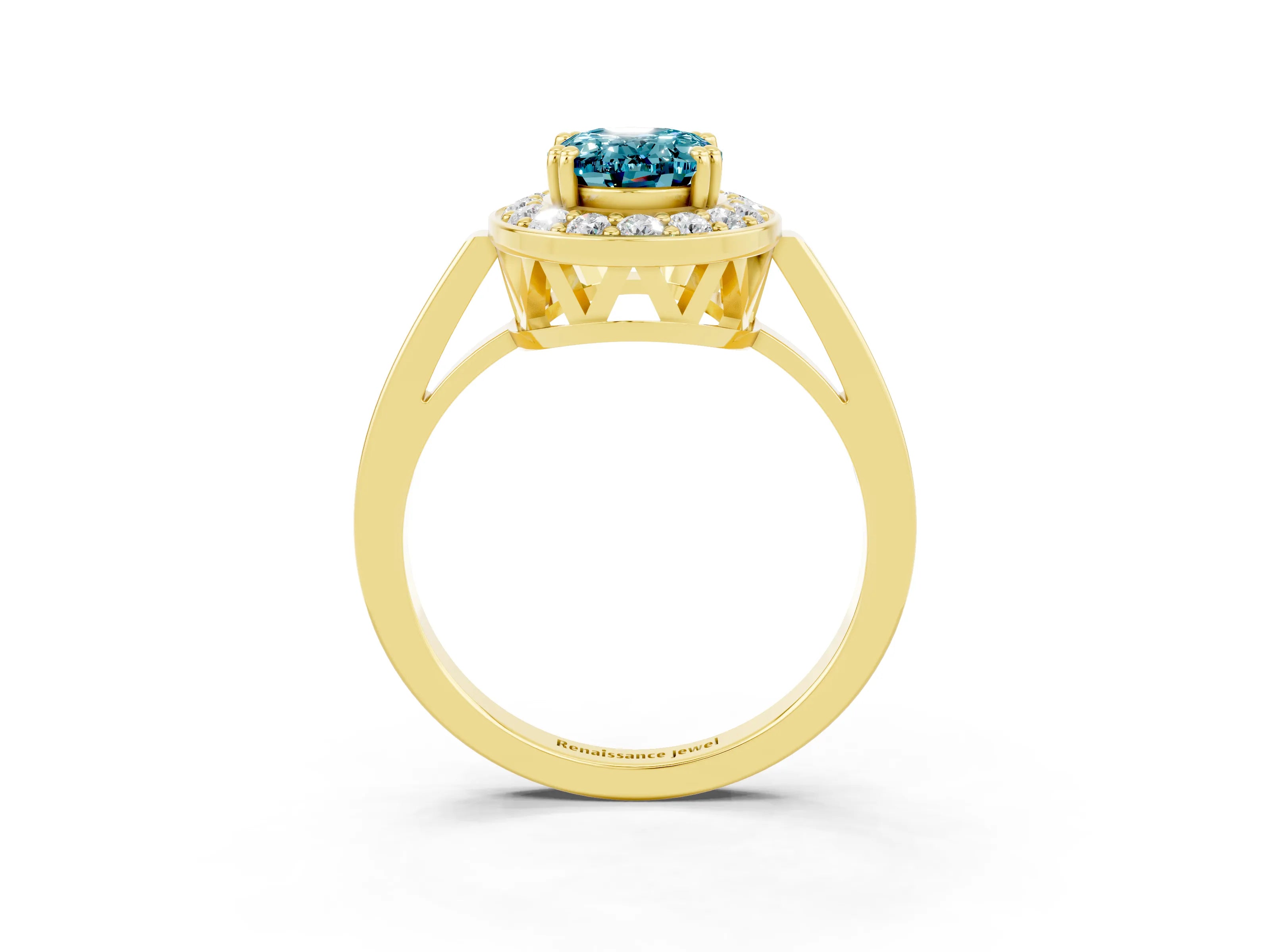 Yellow gold Oval Cut Blue Topaz Halo Ring with Split Shank and Four-Prong Setting_3