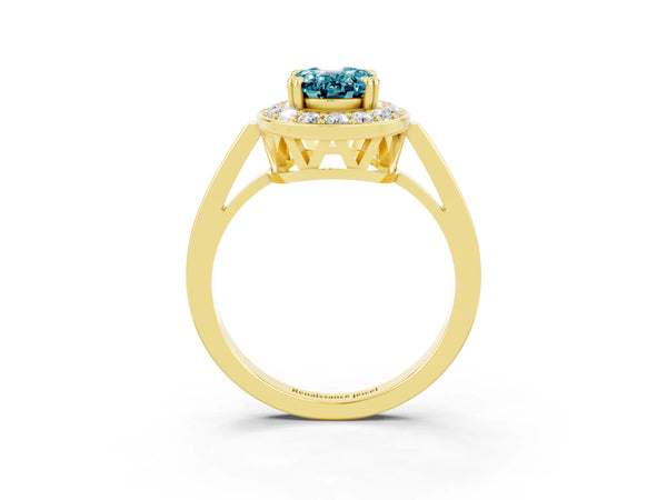 Yellow gold Oval Cut Blue Topaz Halo Ring with Split Shank and Four-Prong Setting
