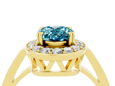 Yellow gold Oval Cut Blue Topaz Halo Ring with Split Shank and Four-Prong Setting_4