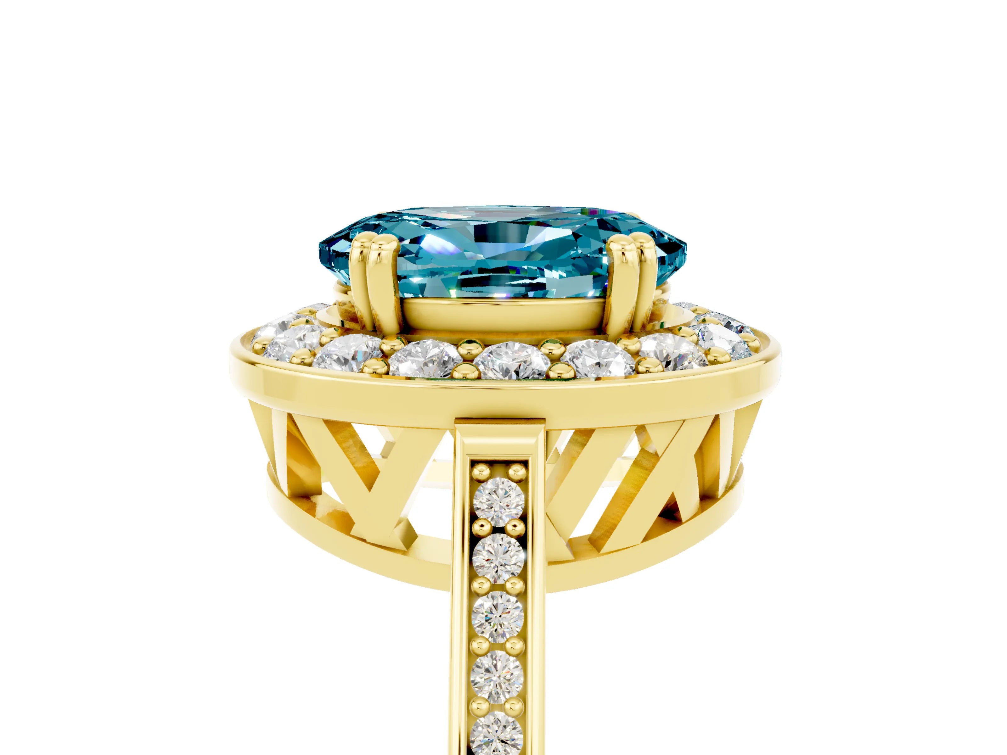 Yellow gold Oval Cut Blue Topaz Halo Ring with Split Shank and Four-Prong Setting_5