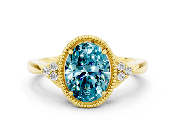 Yellow gold Oval Cut Blue Topaz Halo Ring with Tapered Band and Four-Prong Setting