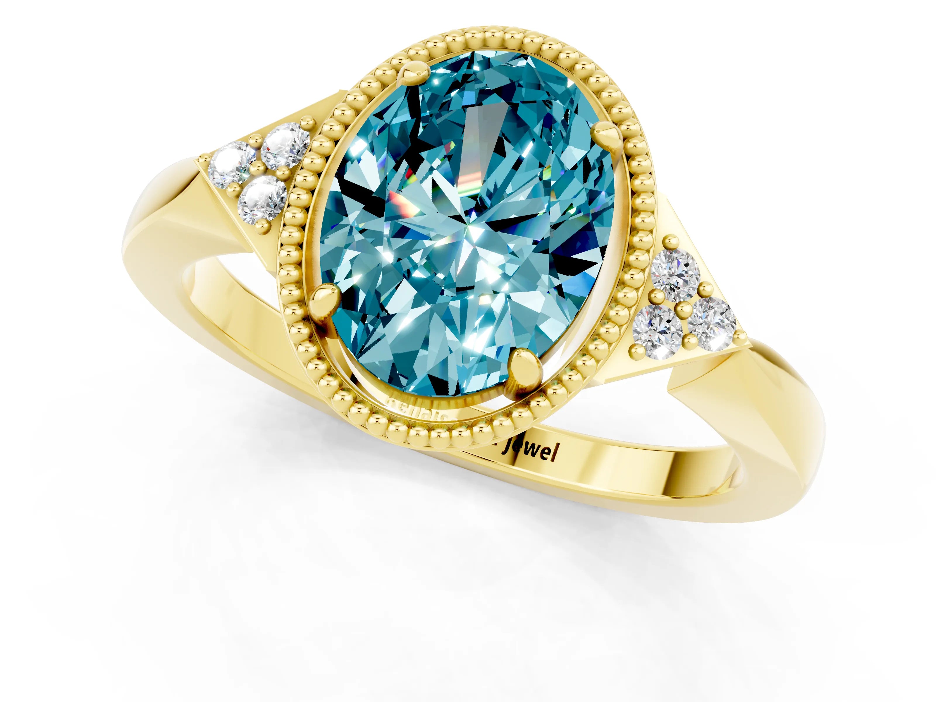 Yellow gold Oval Cut Blue Topaz Halo Ring with Tapered Band and Four-Prong Setting_1