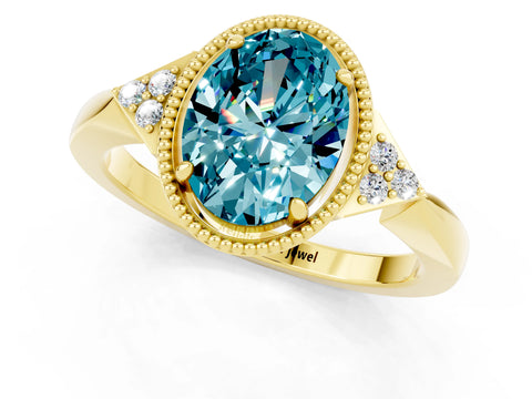 Yellow gold Oval Cut Blue Topaz Halo Ring with Tapered Band and Four-Prong Setting_1