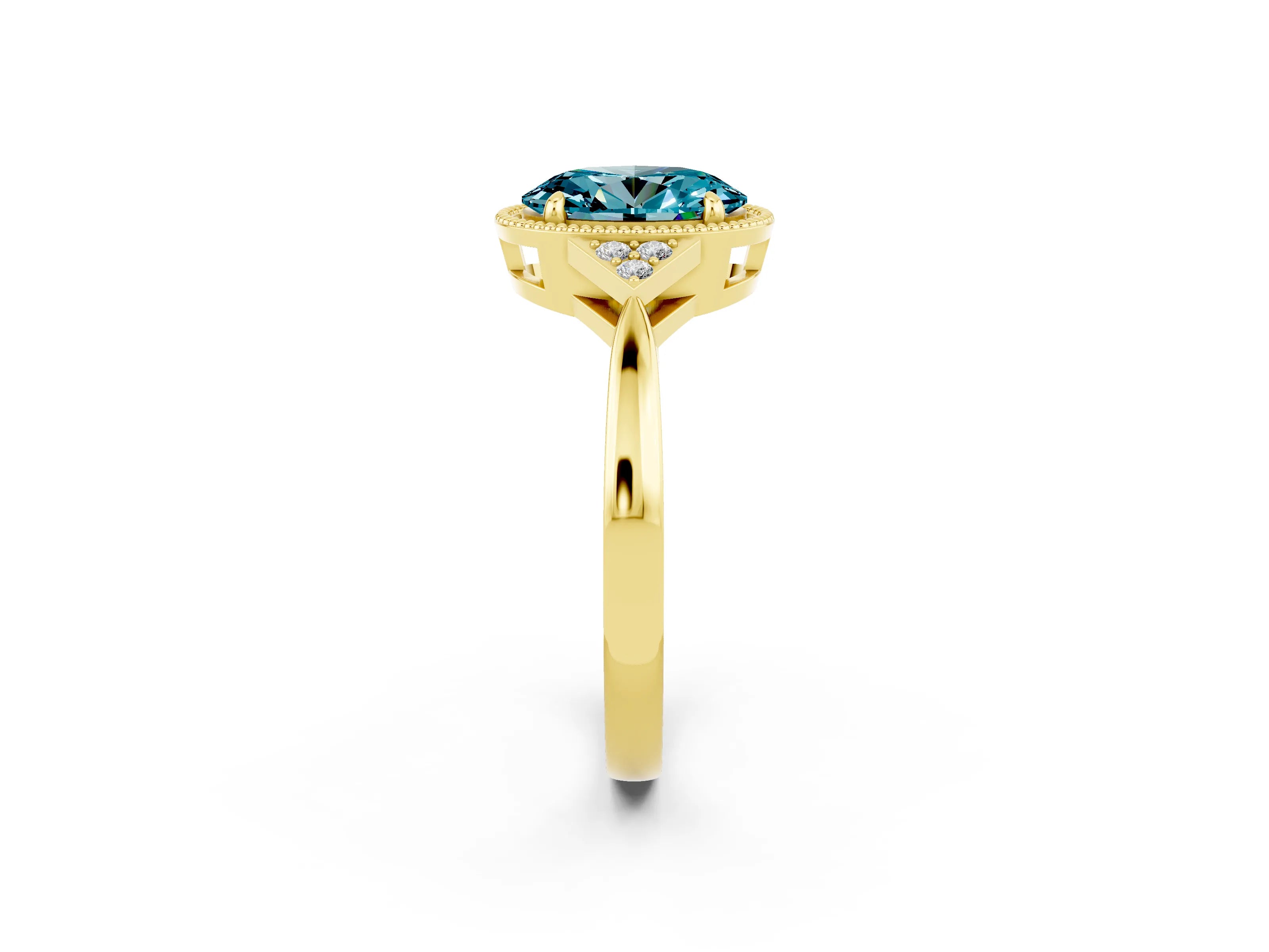 Yellow gold Oval Cut Blue Topaz Halo Ring with Tapered Band and Four-Prong Setting_2