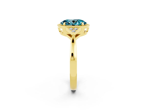 Yellow gold Oval Cut Blue Topaz Halo Ring with Tapered Band and Four-Prong Setting