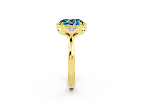 Yellow gold Oval Cut Blue Topaz Halo Ring with Tapered Band and Four-Prong Setting_2