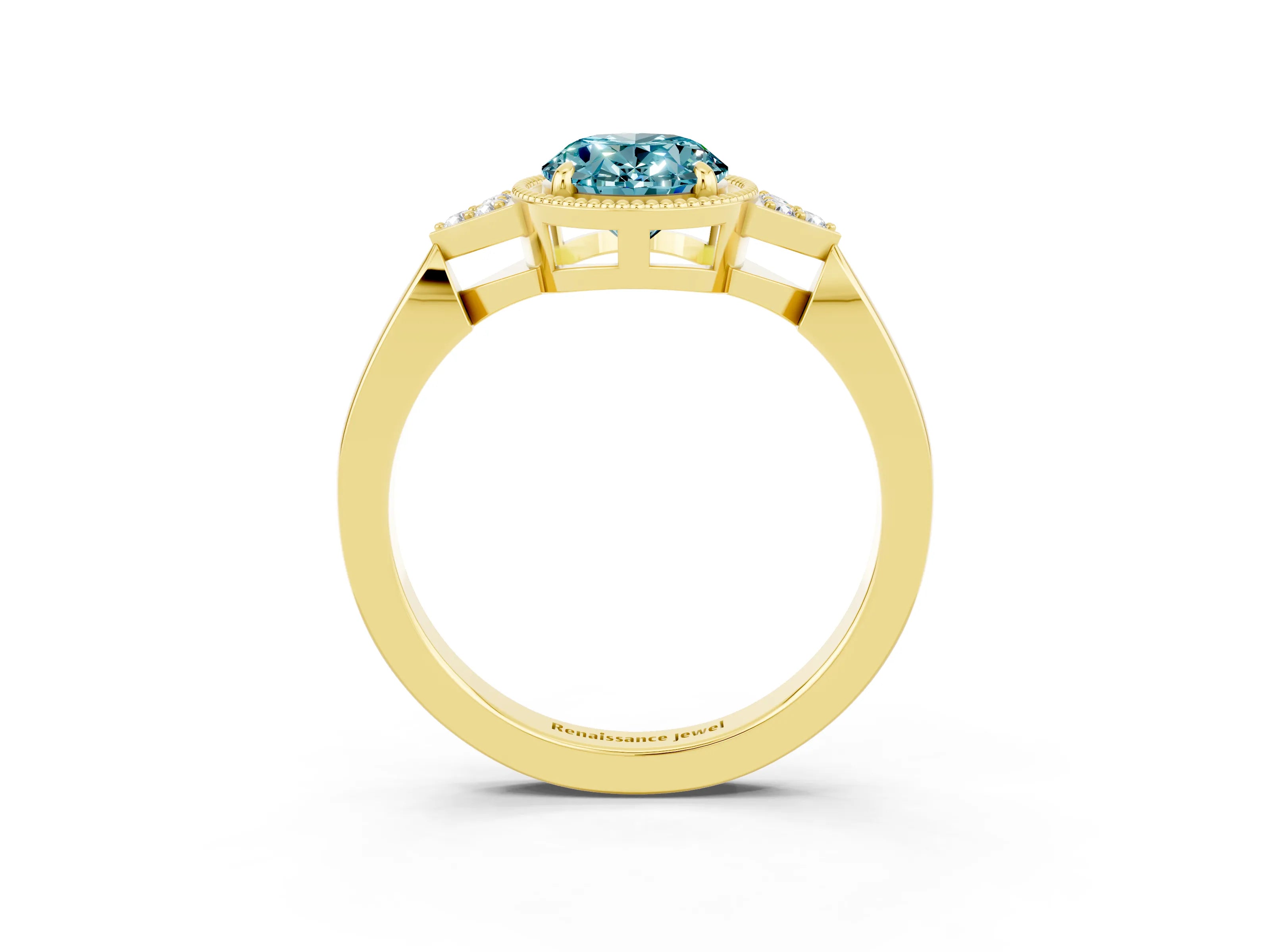 Yellow gold Oval Cut Blue Topaz Halo Ring with Tapered Band and Four-Prong Setting_3