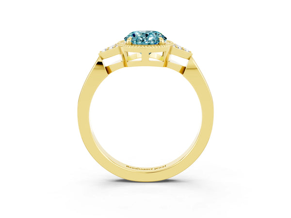 Yellow gold Oval Cut Blue Topaz Halo Ring with Tapered Band and Four-Prong Setting