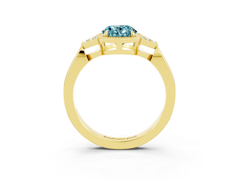 Yellow gold Oval Cut Blue Topaz Halo Ring with Tapered Band and Four-Prong Setting_3