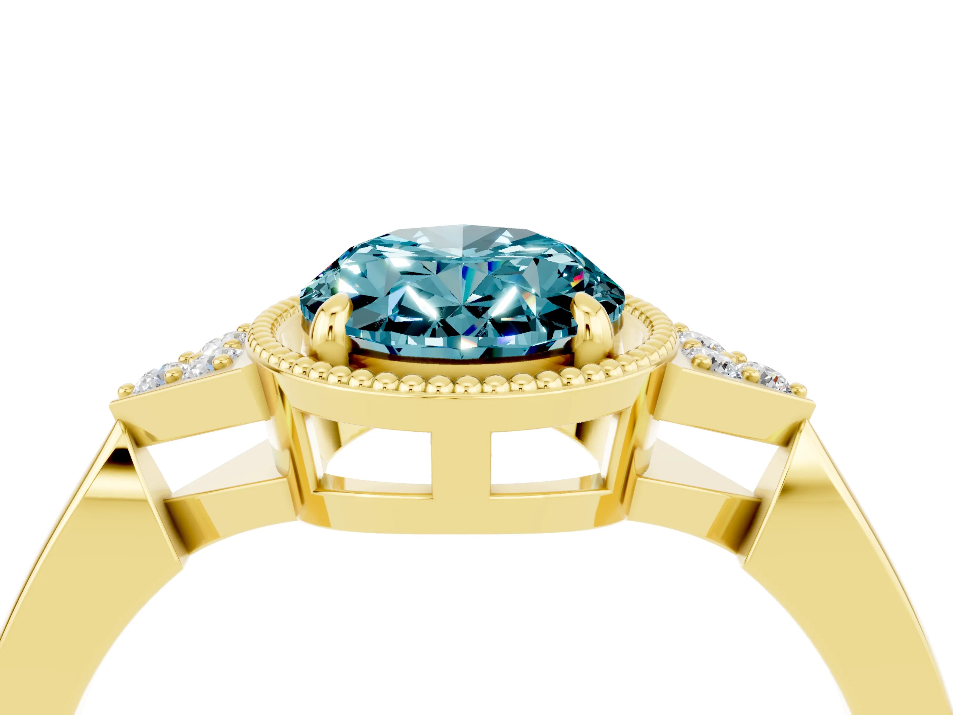 Yellow gold Oval Cut Blue Topaz Halo Ring with Tapered Band and Four-Prong Setting_4