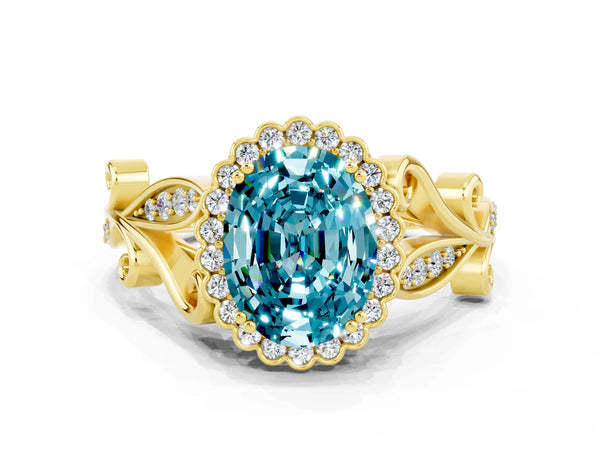 Yellow gold Oval Cut Blue Topaz Halo Ring with Vintage Split Shank and Four-Prong Setting