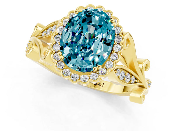 Yellow gold Oval Cut Blue Topaz Halo Ring with Vintage Split Shank and Four-Prong Setting