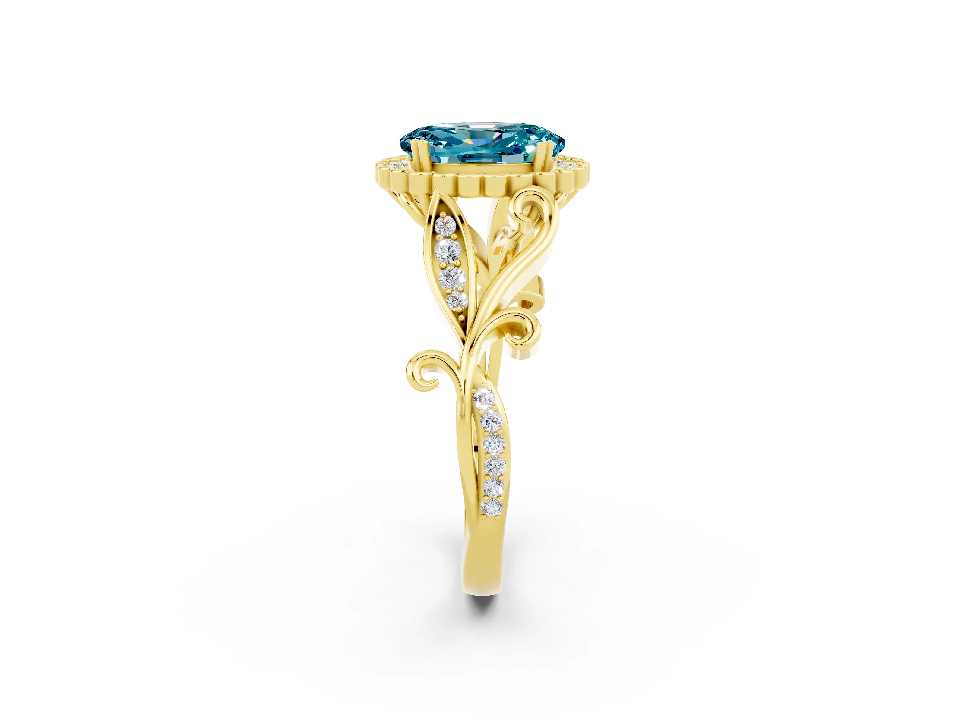 Yellow gold Oval Cut Blue Topaz Halo Ring with Vintage Split Shank and Four-Prong Setting_2