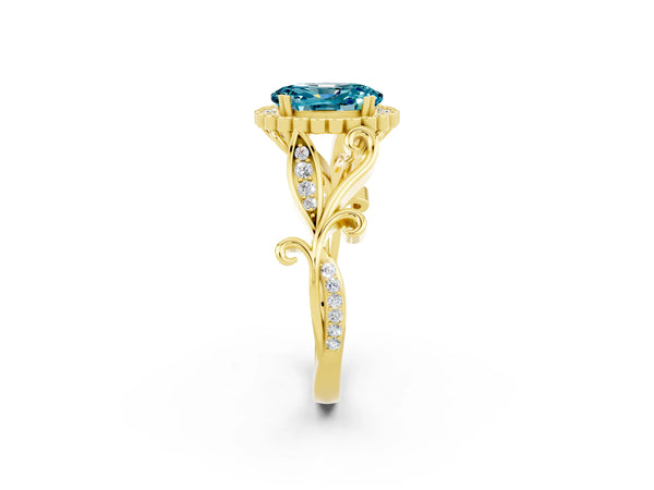 Yellow gold Oval Cut Blue Topaz Halo Ring with Vintage Split Shank and Four-Prong Setting