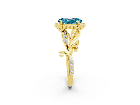 Yellow gold Oval Cut Blue Topaz Halo Ring with Vintage Split Shank and Four-Prong Setting_2