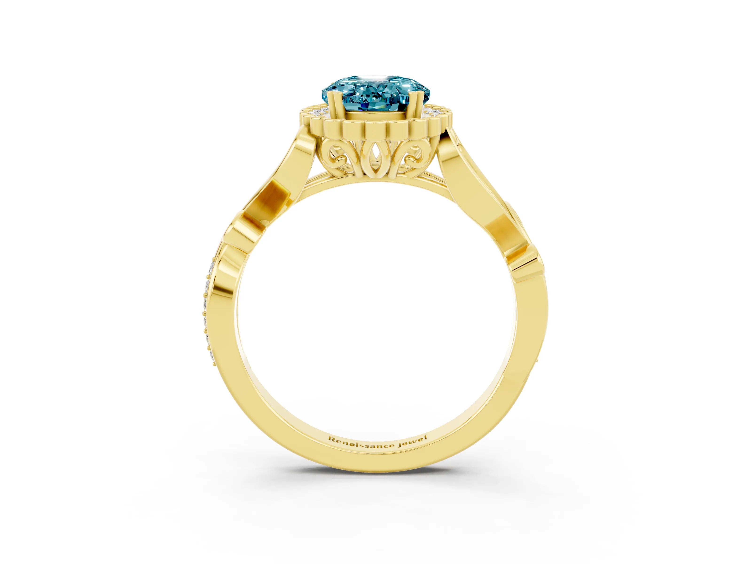 Yellow gold Oval Cut Blue Topaz Halo Ring with Vintage Split Shank and Four-Prong Setting_3