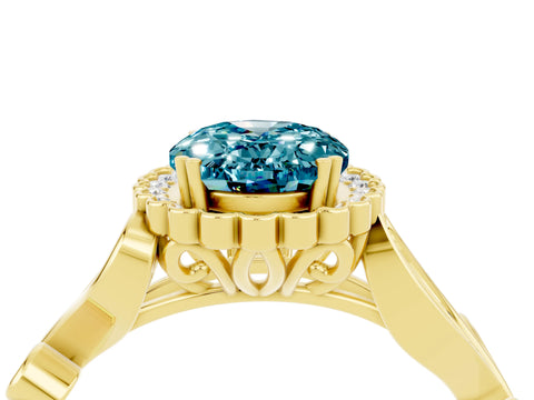 Yellow gold Oval Cut Blue Topaz Halo Ring with Vintage Split Shank and Four-Prong Setting_4