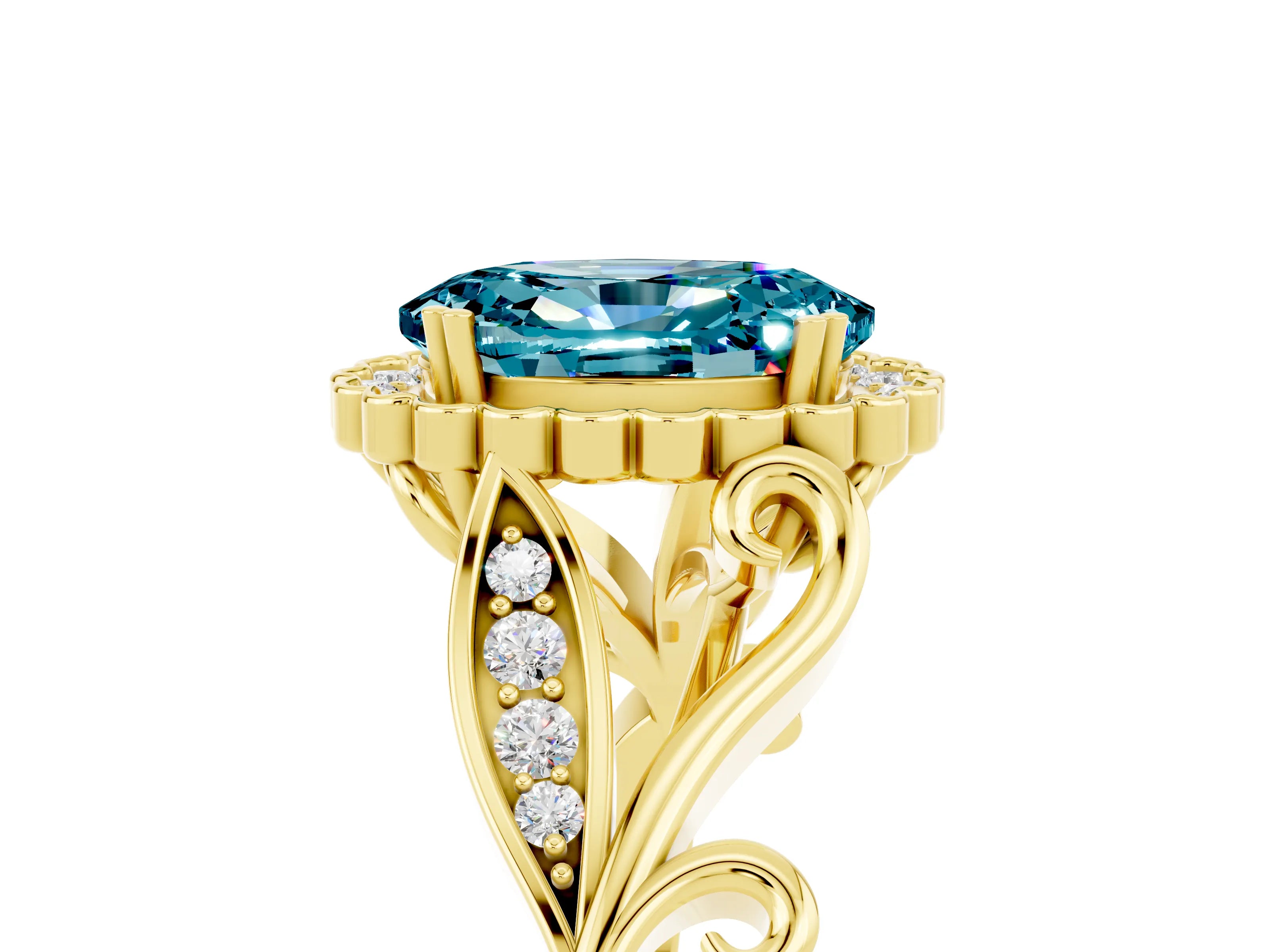 Yellow gold Oval Cut Blue Topaz Halo Ring with Vintage Split Shank and Four-Prong Setting_5