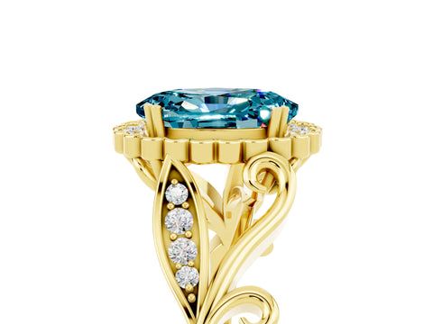 Yellow gold Oval Cut Blue Topaz Halo Ring with Vintage Split Shank and Four-Prong Setting_5