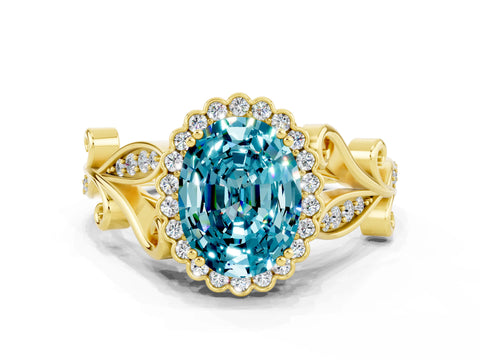 Yellow gold Oval Cut Blue Topaz Halo Ring with Vintage Split Shank and Four-Prong Setting