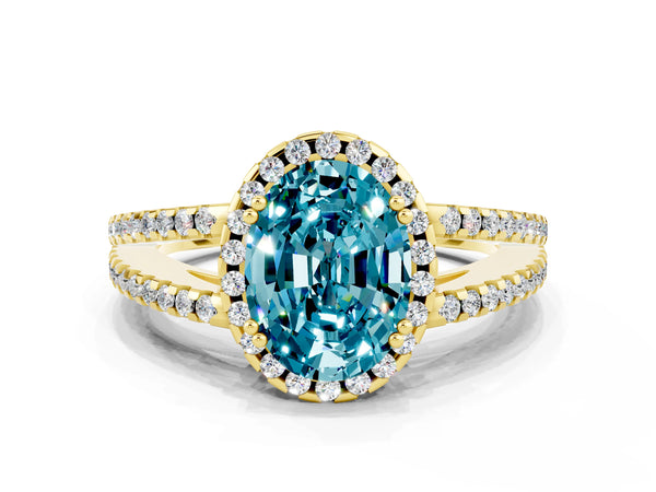 Yellow gold Oval Cut Blue Topaz Halo Split Shank Engagement Ring